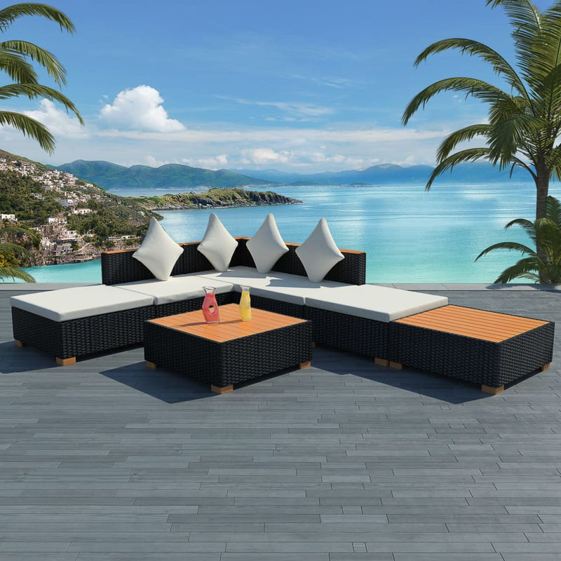 7 Piece Garden Lounge Set with Cushions Poly Rattan Black