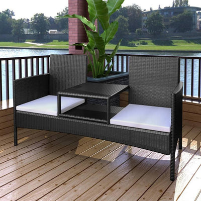 2-Seater Garden Sofa with Tea Table Poly Rattan Black