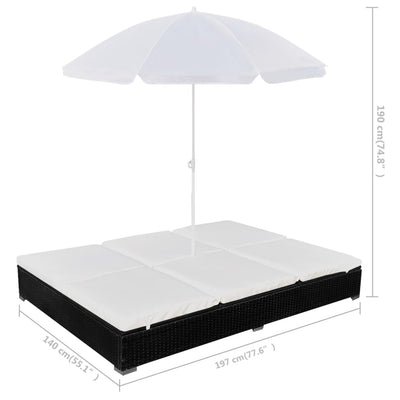 Outdoor Lounge Bed with Umbrella Poly Rattan Black