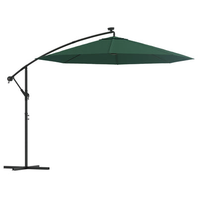 Hanging Garden Parasol with LED Lighting 300 cm Green Metal Pole