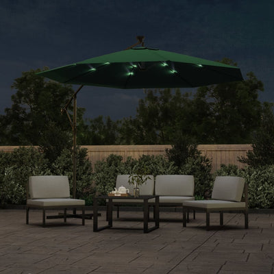 Hanging Garden Parasol with LED Lighting 300 cm Green Metal Pole