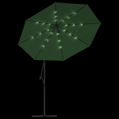 Hanging Garden Parasol with LED Lighting 300 cm Green Metal Pole