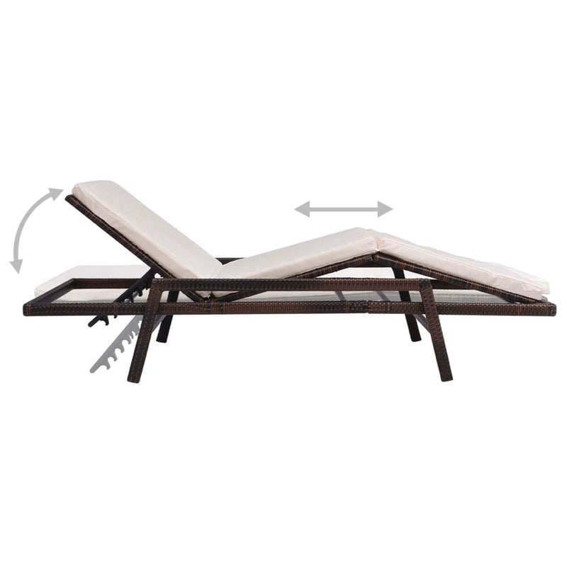 Sun Lounger with Cushion Poly Rattan Brown