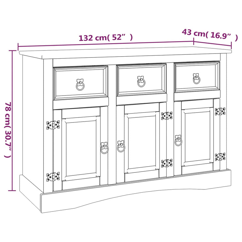 Sideboard Solid Mexican Pinewood Corona Range 132x43x78 cm