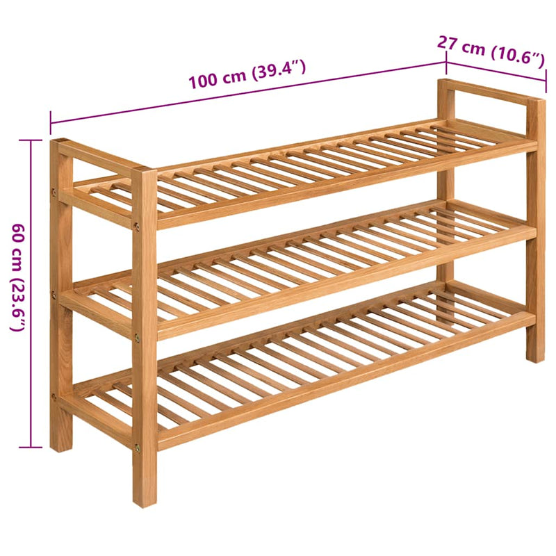 Shoe Rack with 3 Shelves 100x27x60 cm Solid Oak Wood