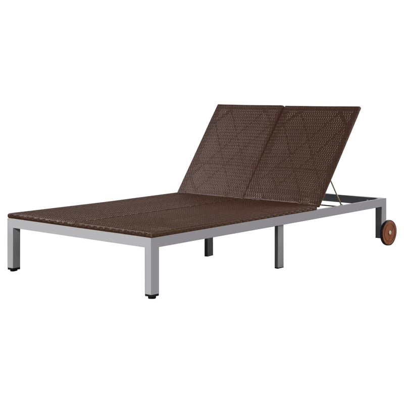 Double Sun Lounger with Wheels Poly Rattan Brown