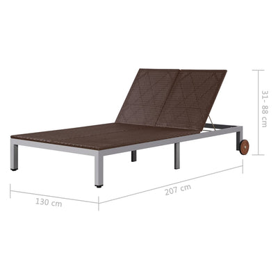 Double Sun Lounger with Wheels Poly Rattan Brown