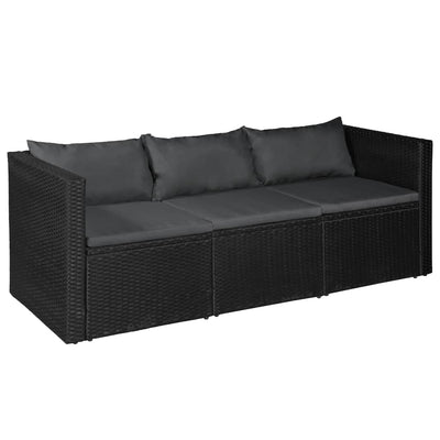 3 Seater Garden Sofa Black Poly Rattan with Grey Cushions