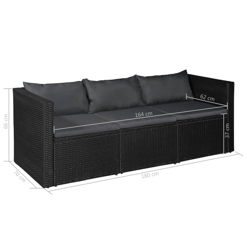 3 Seater Garden Sofa Black Poly Rattan with Grey Cushions