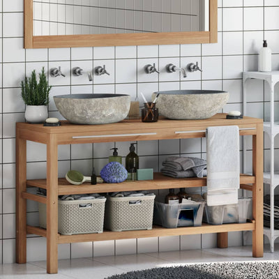 Bathroom Vanity Cabinet Solid Teak with Riverstone Sinks