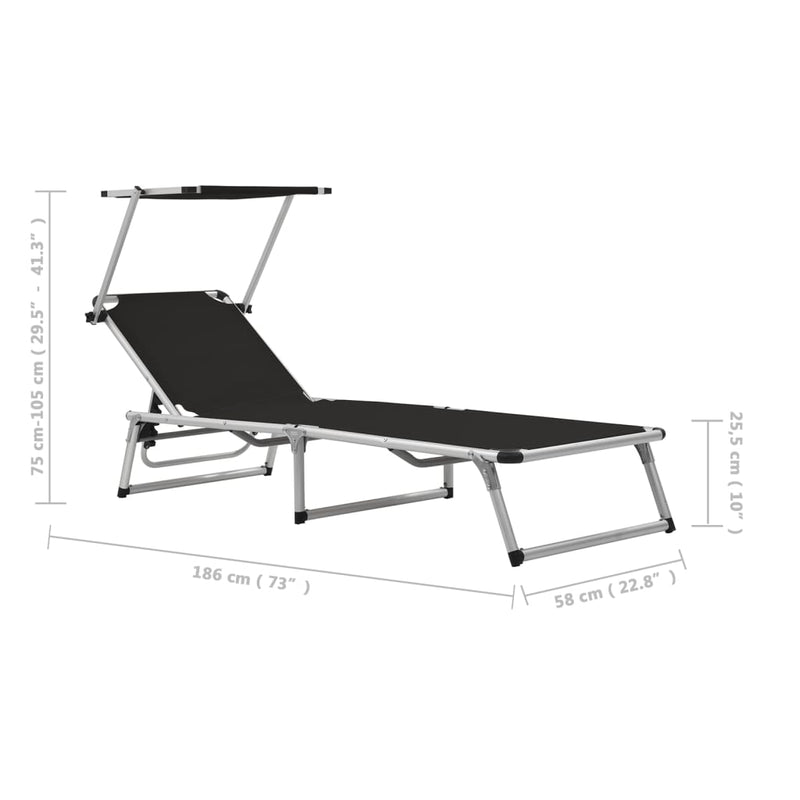 Folding Sun Lounger with Roof Aluminium and Textilene Black