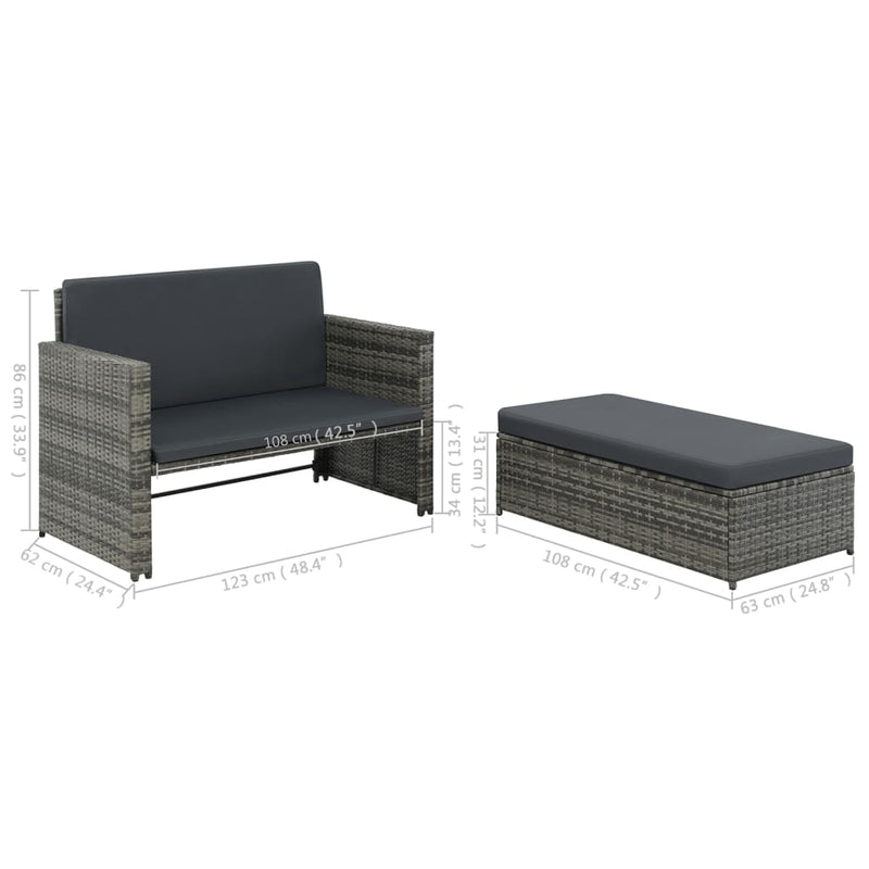 2 Piece Garden Lounge Set with Cushions Poly Rattan Grey