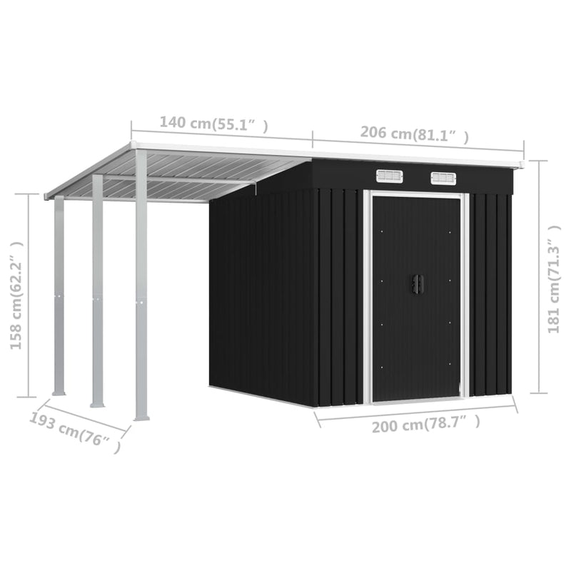 Garden Shed with Extended Roof Anthracite 346x193x181 cm Steel