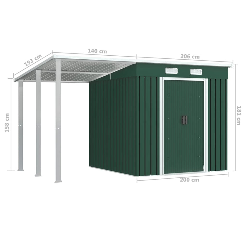 Garden Shed with Extended Roof Green 346x193x181 cm Steel