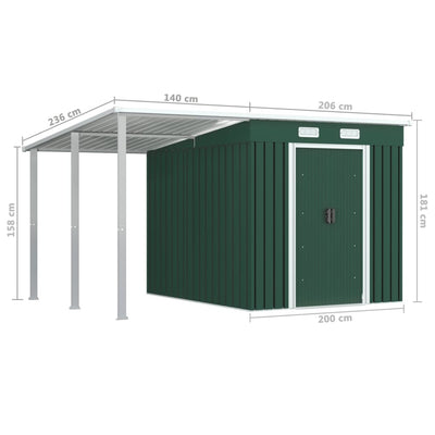 Garden Shed with Extended Roof Green 346x236x181 cm Steel