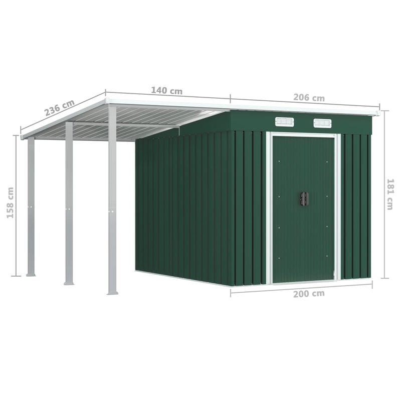 Garden Shed with Extended Roof Green 346x236x181 cm Steel