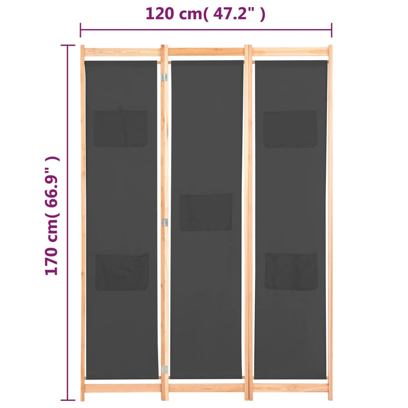 3-Panel Room Divider Grey 120x170x4 cm Fabric