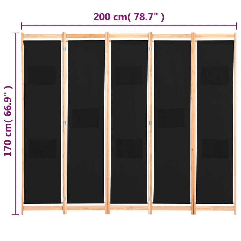 5-Panel Room Divider Black 200x170x4 cm Fabric