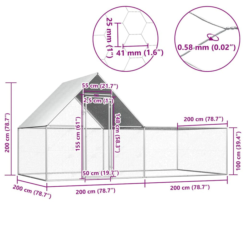 Chicken Coop 4x2x2 m Galvanised Steel