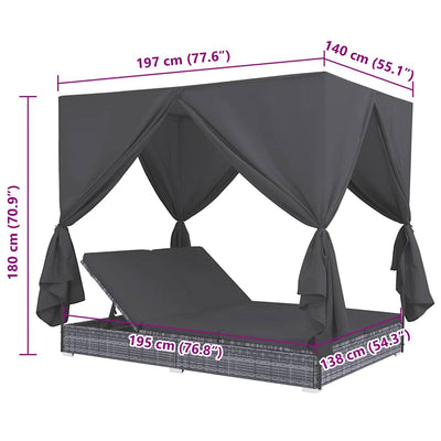 Outdoor Lounge Bed with Curtains Poly Rattan Grey