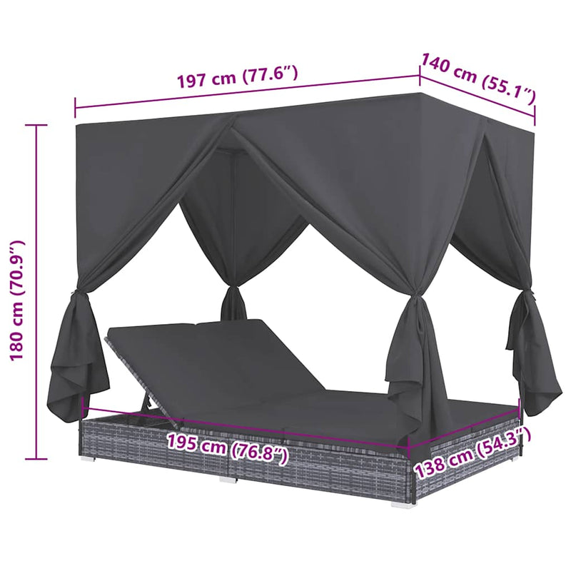 Outdoor Lounge Bed with Curtains Poly Rattan Grey