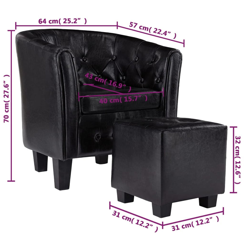 Tub Chair with Footstool Black Faux Leather