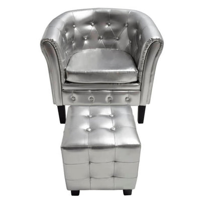 Tub Chair with Footstool Silver Faux Leather