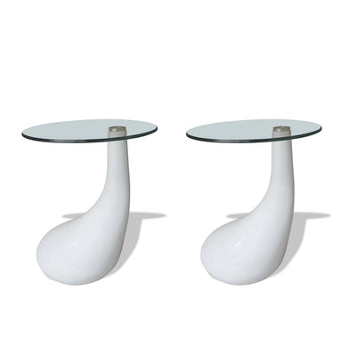 Coffee Table 2 pcs with Round Glass Top High Gloss White