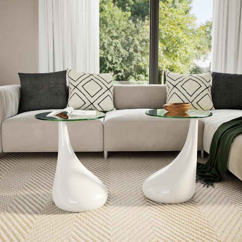 Coffee Table 2 pcs with Round Glass Top High Gloss White