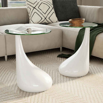 Coffee Table 2 pcs with Round Glass Top High Gloss White