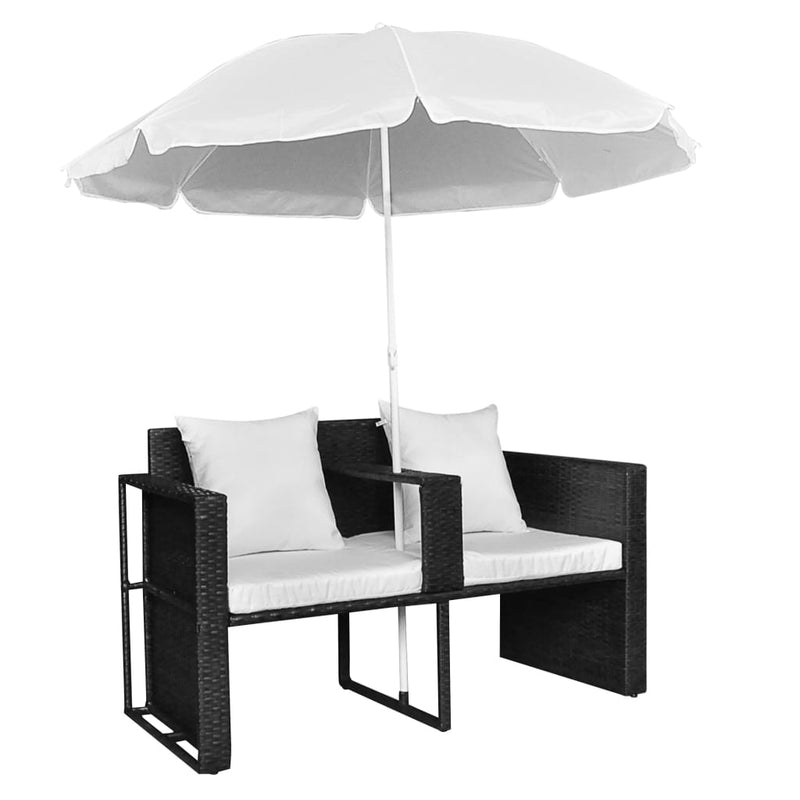 Garden Bed with Parasol Black Poly Rattan