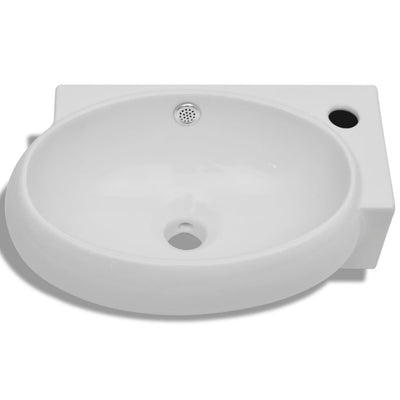 Ceramic Sink Basin Faucet & Overflow Hole Bathroom White