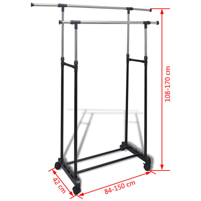 Adjustable Clothes Rack 4 Castors 2 Hanging Rails