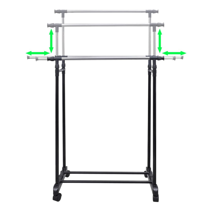 Adjustable Clothes Rack 4 Castors 2 Hanging Rails