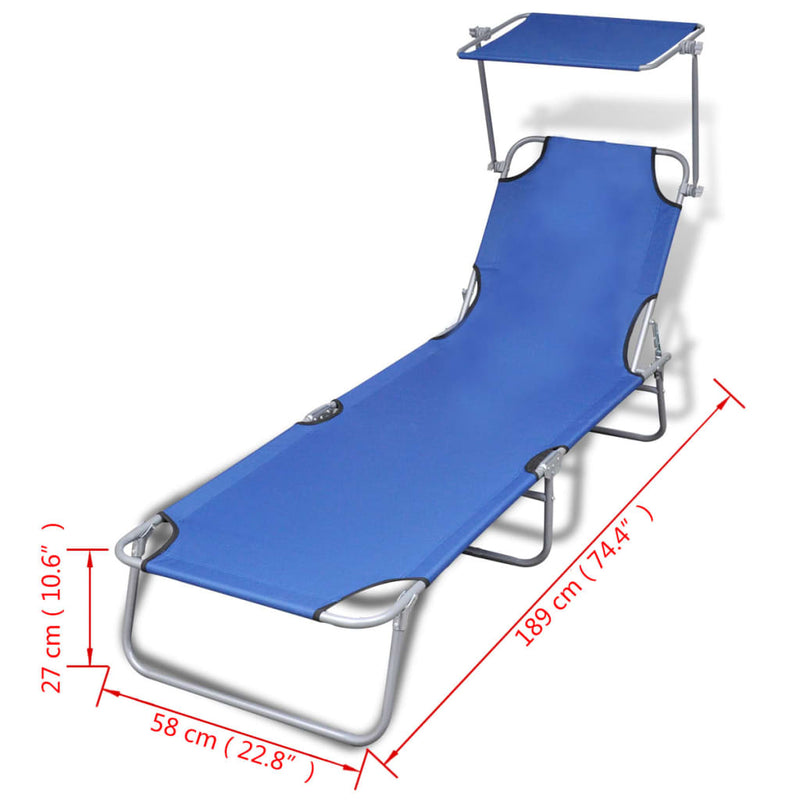 Folding Sun Lounger with Canopy Steel and Fabric Blue