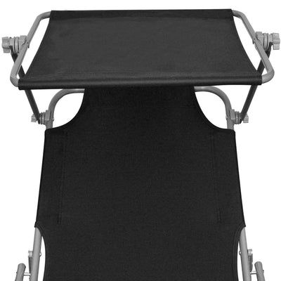 Folding Sun Lounger with Canopy Steel and Fabric Black