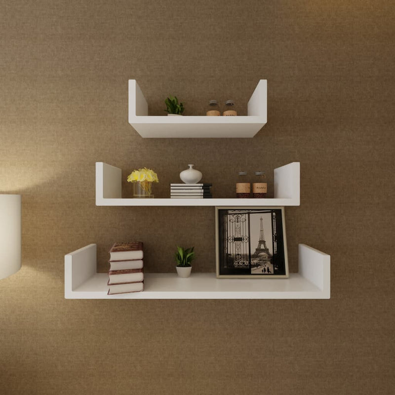 3 White MDF U-shaped Floating Wall Display Shelves Book/DVD Storage