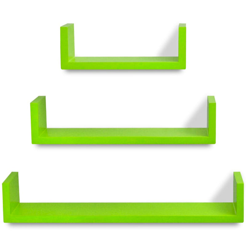 3 Green MDF U-shaped Floating Wall Display Shelves Book/DVD Storage