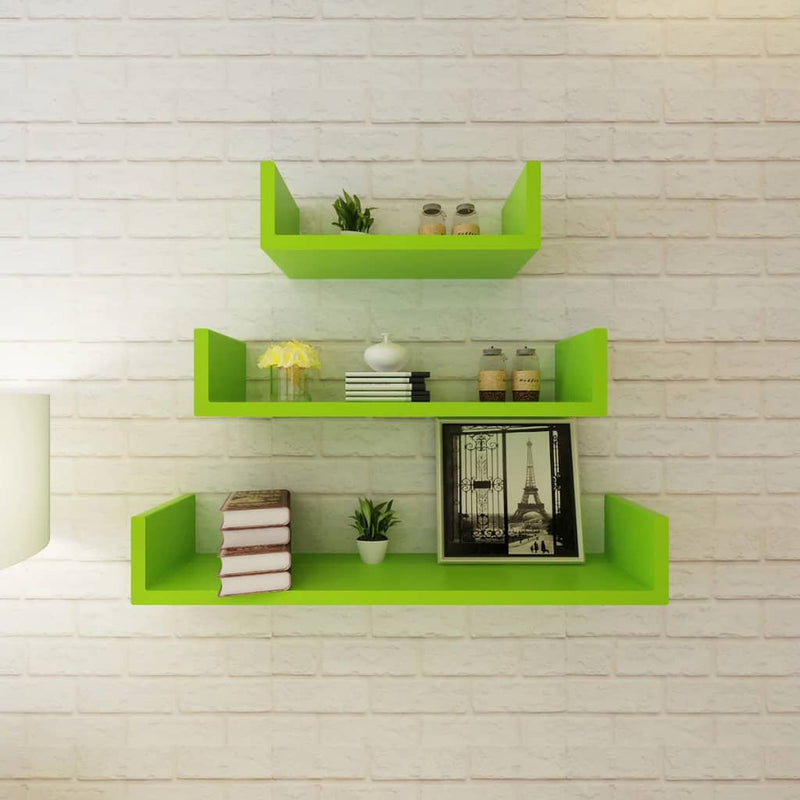 3 Green MDF U-shaped Floating Wall Display Shelves Book/DVD Storage