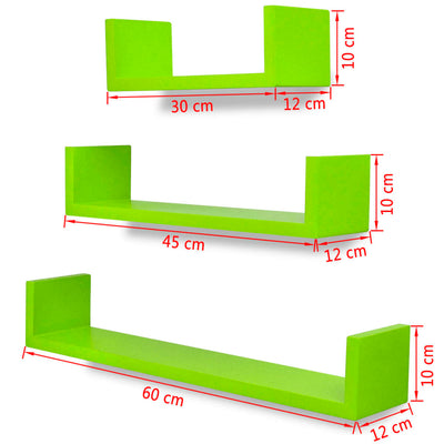 3 Green MDF U-shaped Floating Wall Display Shelves Book/DVD Storage