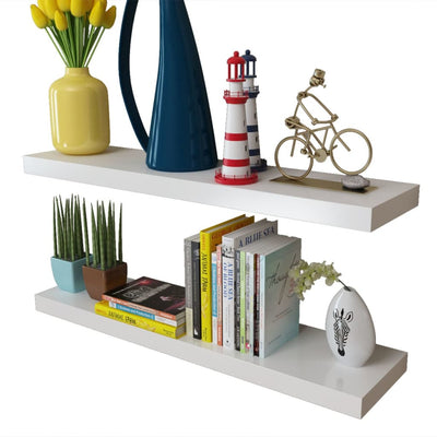 2 White MDF Floating Wall Display Shelves Book/DVD Storage