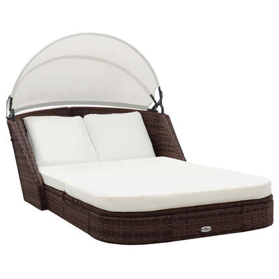 Sun Lounger with Canopy Poly Rattan Brown