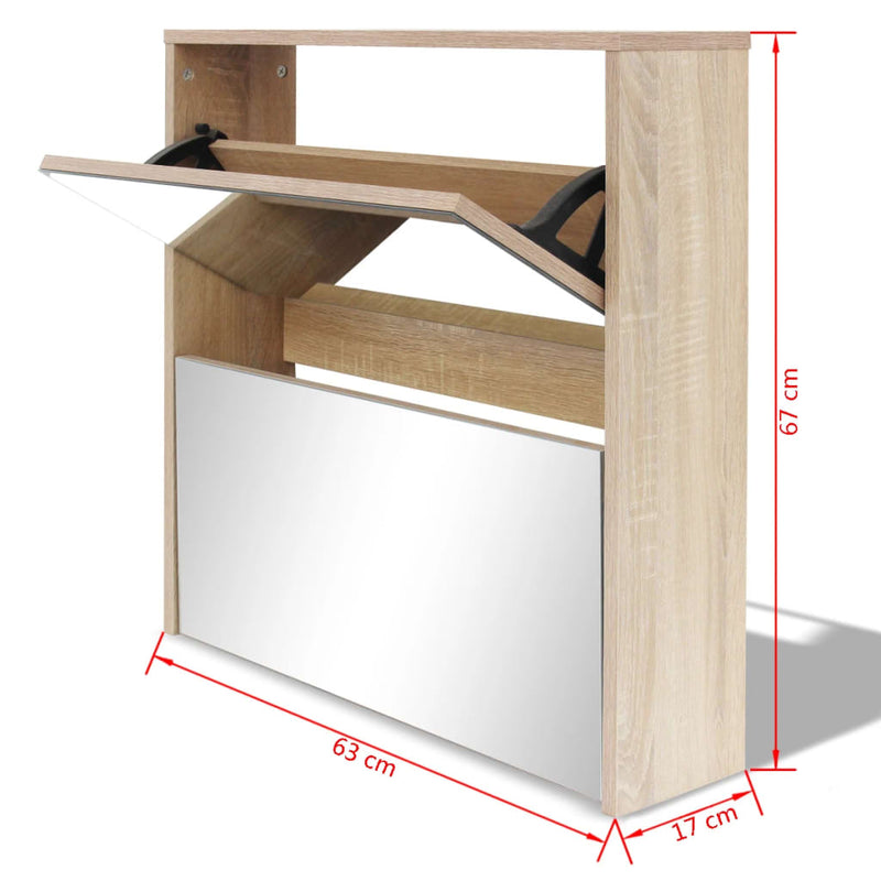 Shoe Cabinet 2-Layer Mirror Oak 63x17x67 cm