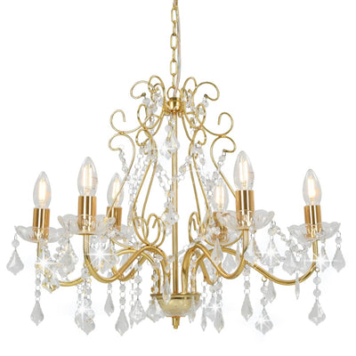 Chandelier with Crystal Beads Golden Round 6 x E14