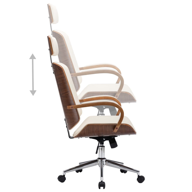 Swivel Office Chair with Headrest Cream Faux Leather and Bentwood