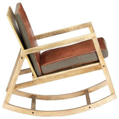 Rocking Chair Brown Real Leather and Solid Mango Wood