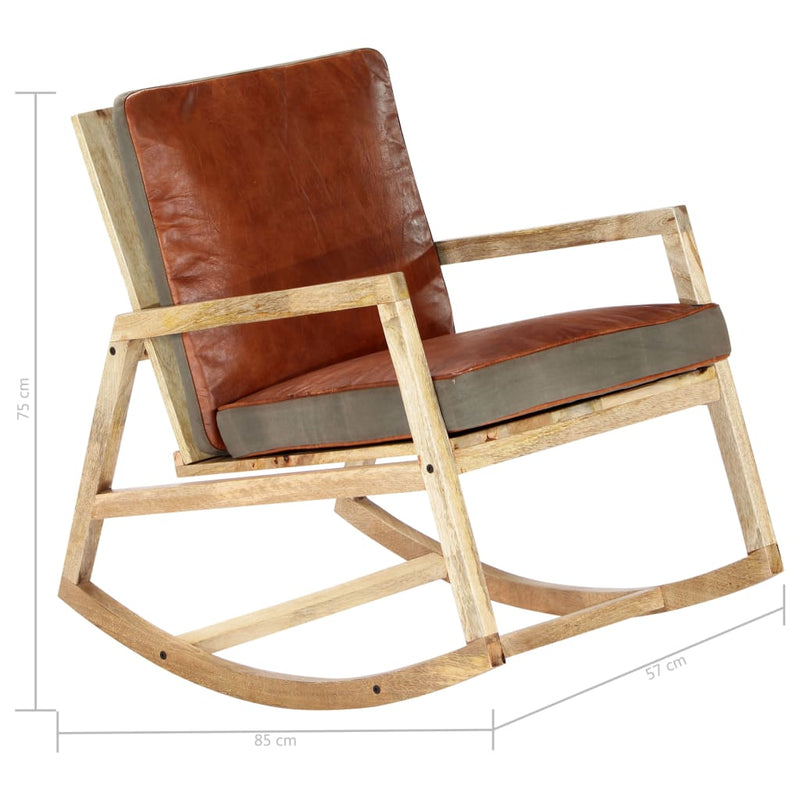 Rocking Chair Brown Real Leather and Solid Mango Wood