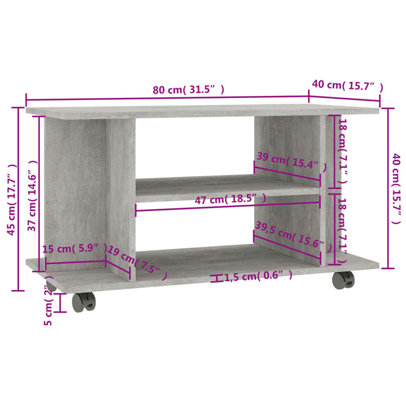 TV Cabinet with Castors Concrete Grey 80x40x45 cm Engineered Wood