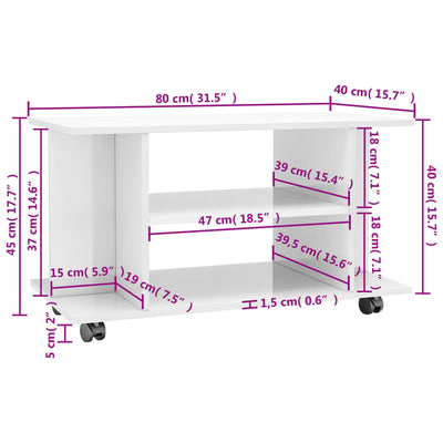 TV Cabinet with Castors High Gloss White 80x40x45 cm Engineered Wood