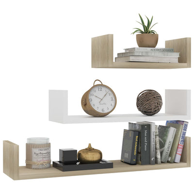 Wall Display Shelf 3 pcs White and Sonoma Oak Engineered Wood